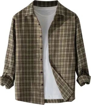 Mens Dress Shirts Long Sleeve Flannel Shirt with Pocket Warm Casual Soft Button Down Plaid Vintage Shirt Plus Size