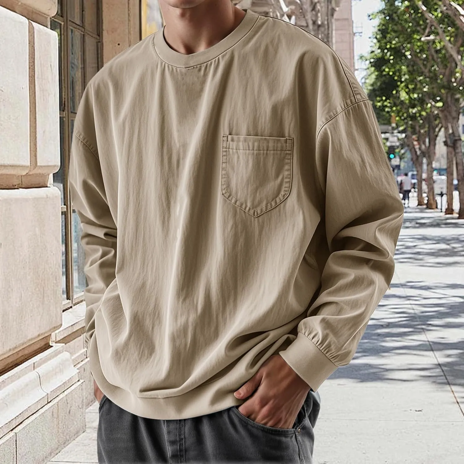 Mens Long Sleeve Oversized Tshirts 2025 Crewneck Classic Round Neck T-Shirt Casual Distressed Washed Tops with Pocket