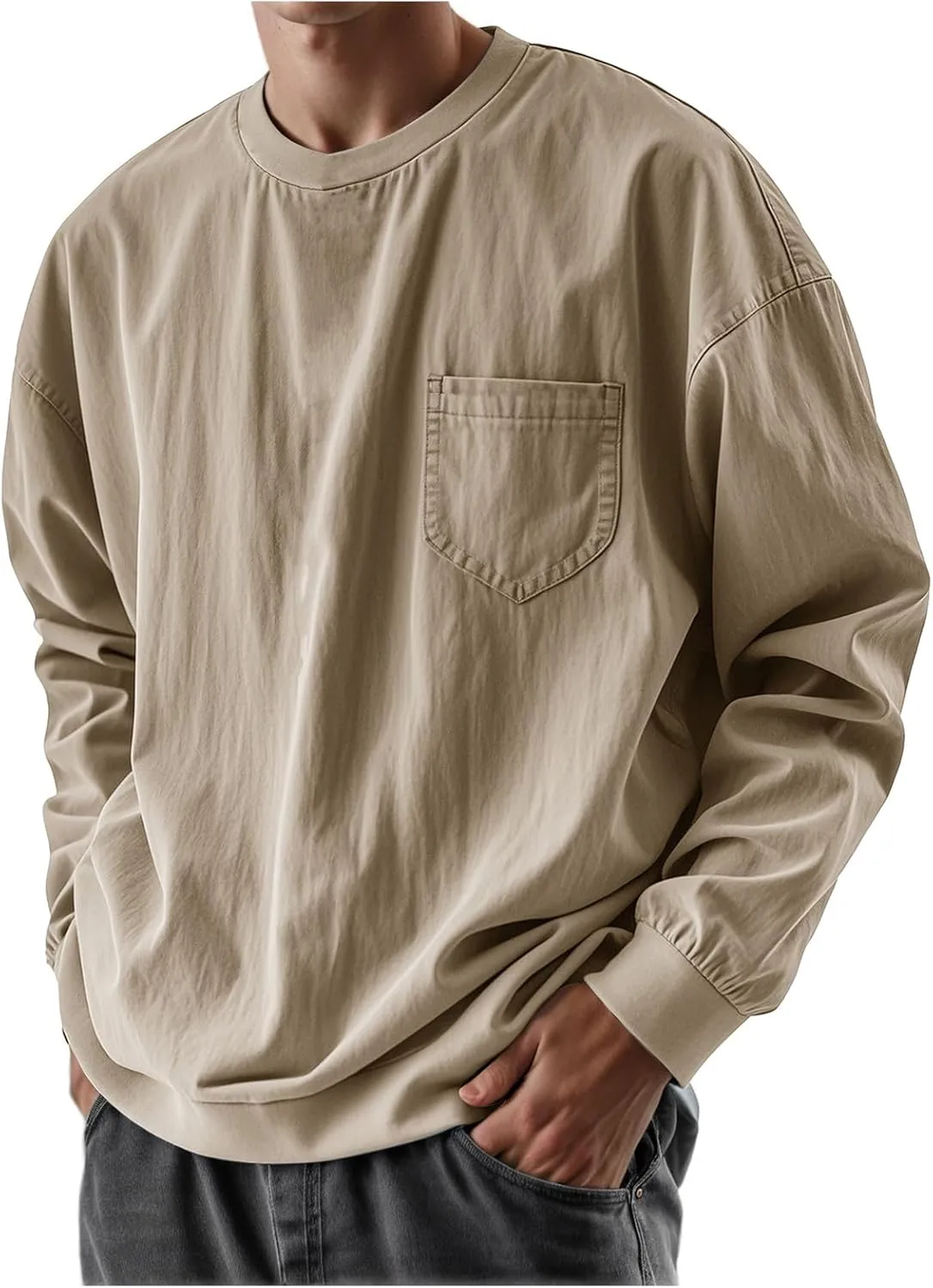 Mens Long Sleeve Oversized Tshirts 2025 Crewneck Classic Round Neck T-Shirt Casual Distressed Washed Tops with Pocket