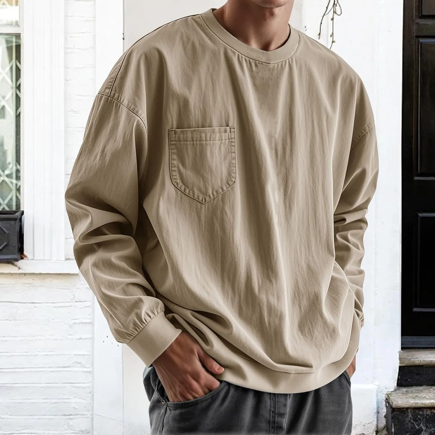 Mens Long Sleeve Oversized Tshirts 2025 Crewneck Classic Round Neck T-Shirt Casual Distressed Washed Tops with Pocket