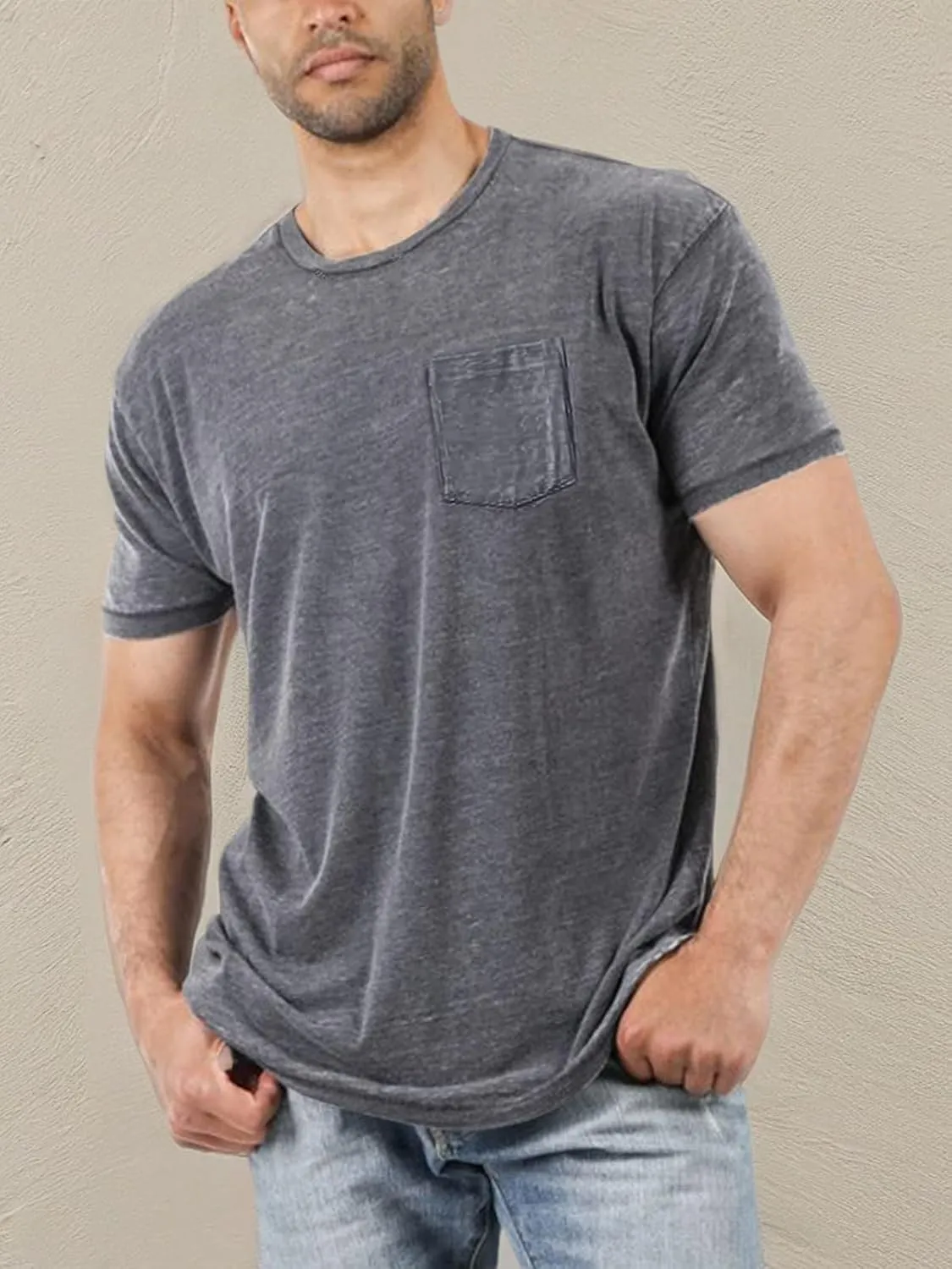 Men's Short Sleeve Soft T-Shirt Casual Solid Color Crew Neck Tee Tops Pocket Shirt