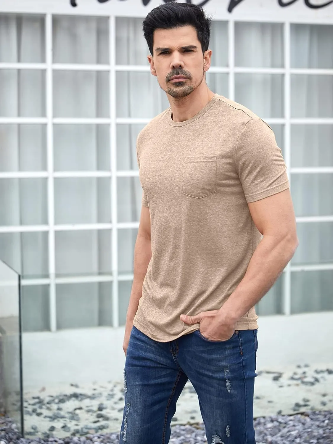 Men's Short Sleeve Soft T-Shirt Casual Solid Color Crew Neck Tee Tops Pocket Shirt