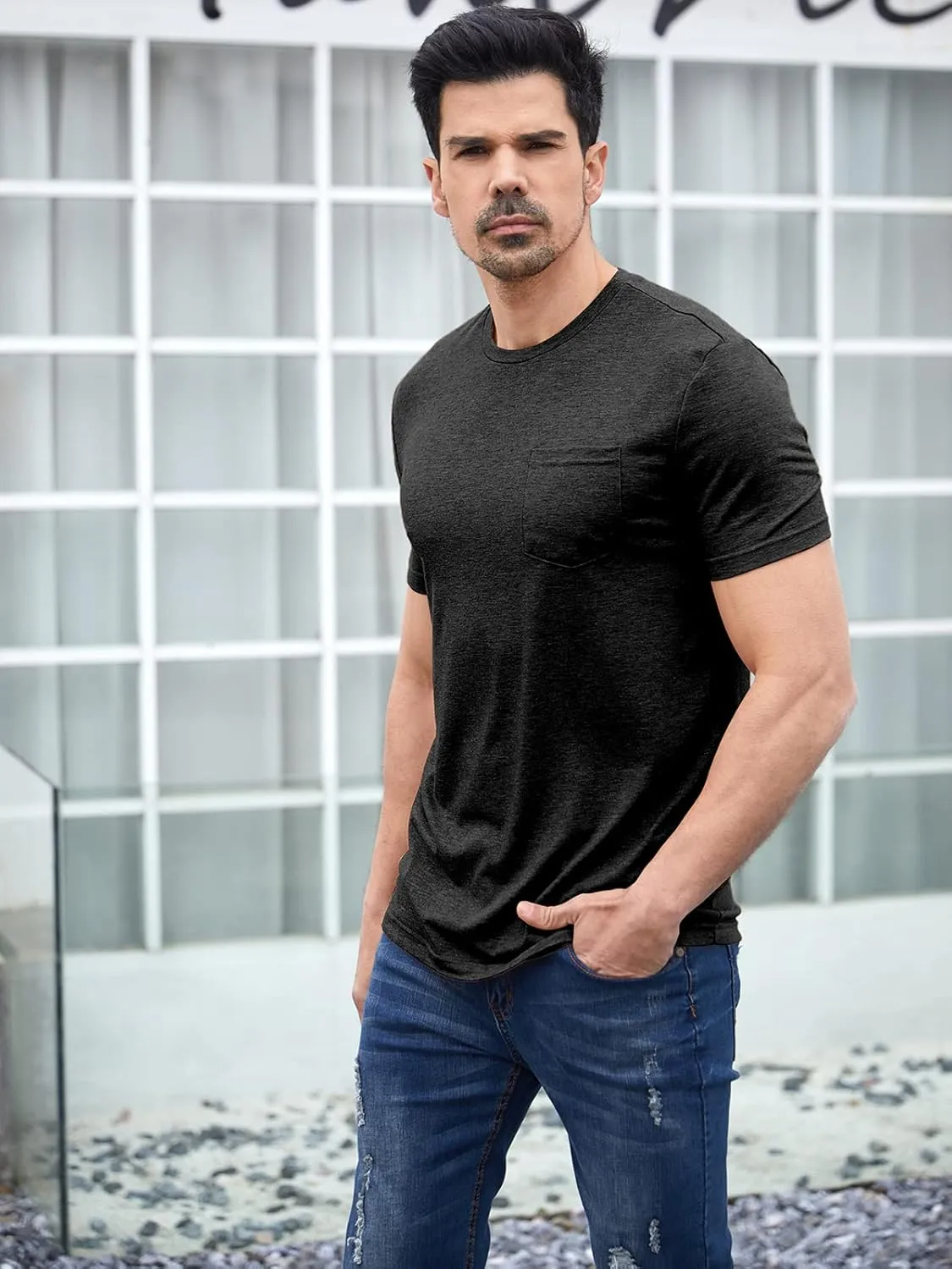 Men's Short Sleeve Soft T-Shirt Casual Solid Color Crew Neck Tee Tops Pocket Shirt
