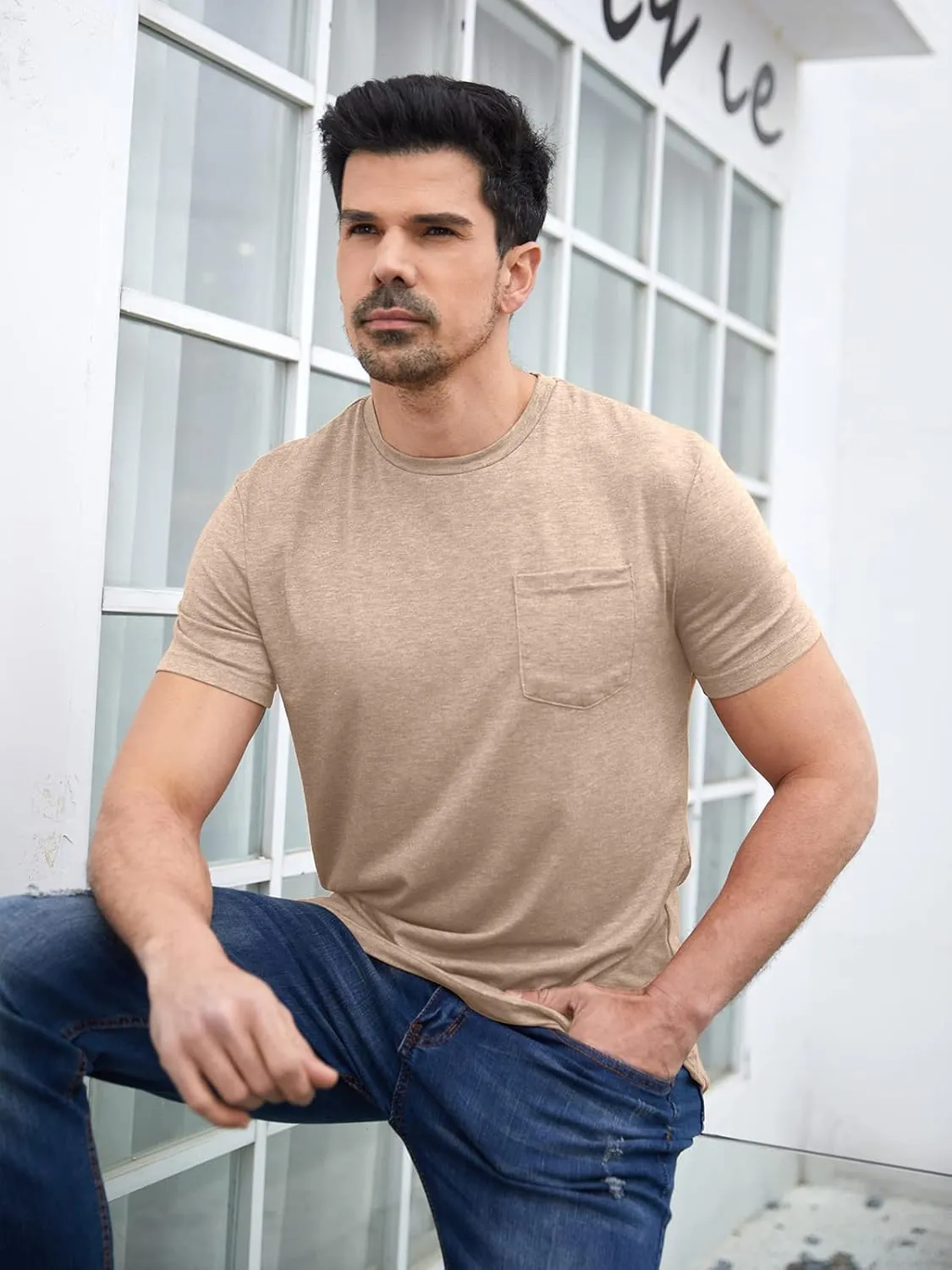 Men's Short Sleeve Soft T-Shirt Casual Solid Color Crew Neck Tee Tops Pocket Shirt