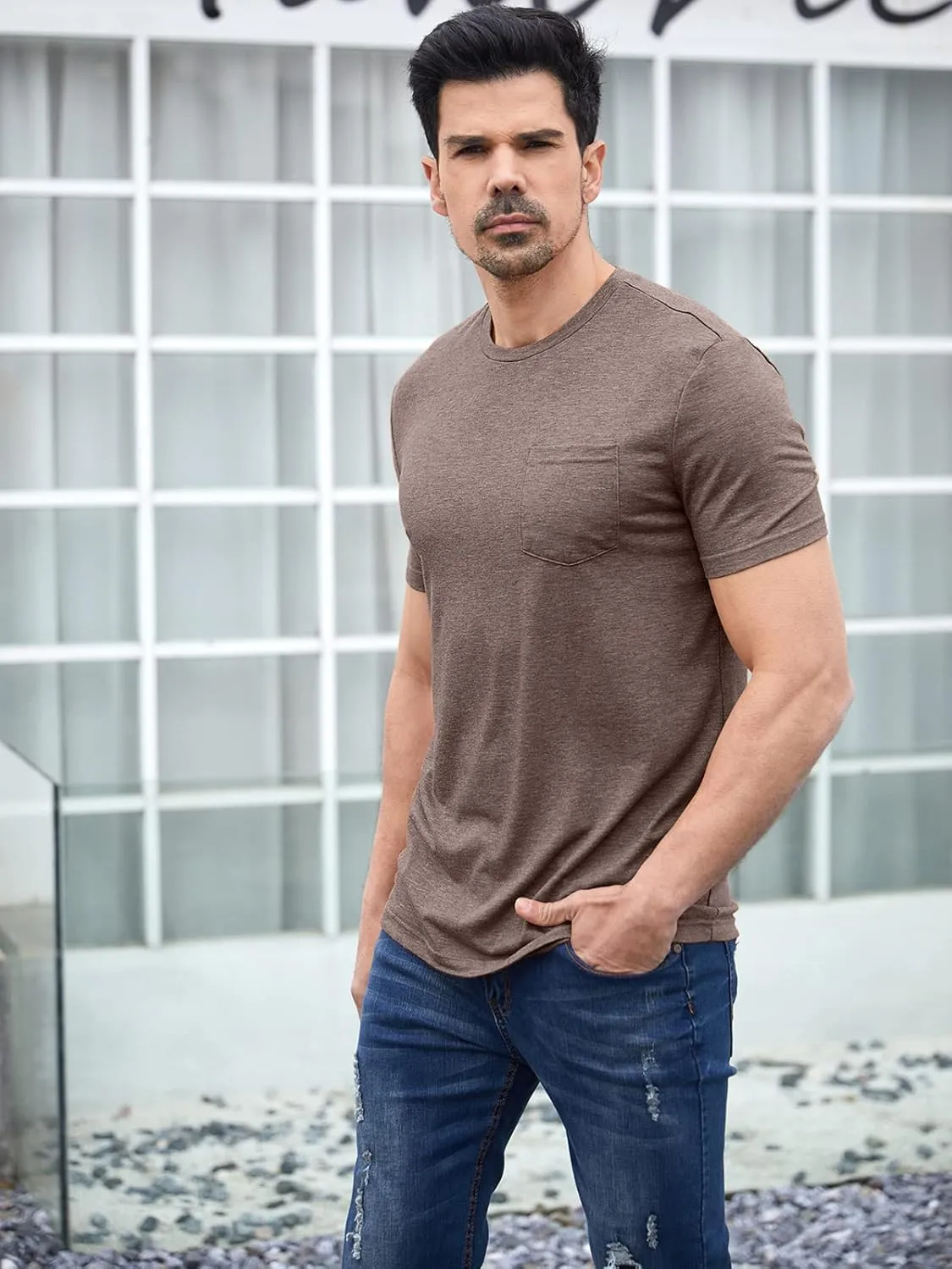 Men's Short Sleeve Soft T-Shirt Casual Solid Color Crew Neck Tee Tops Pocket Shirt