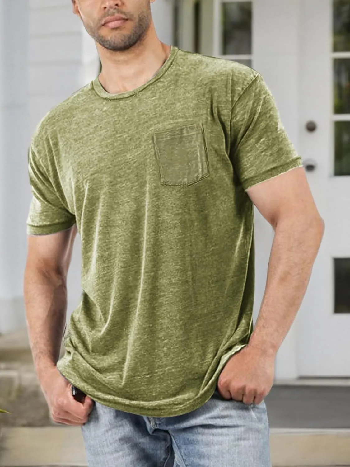 Men's Short Sleeve Soft T-Shirt Casual Solid Color Crew Neck Tee Tops Pocket Shirt