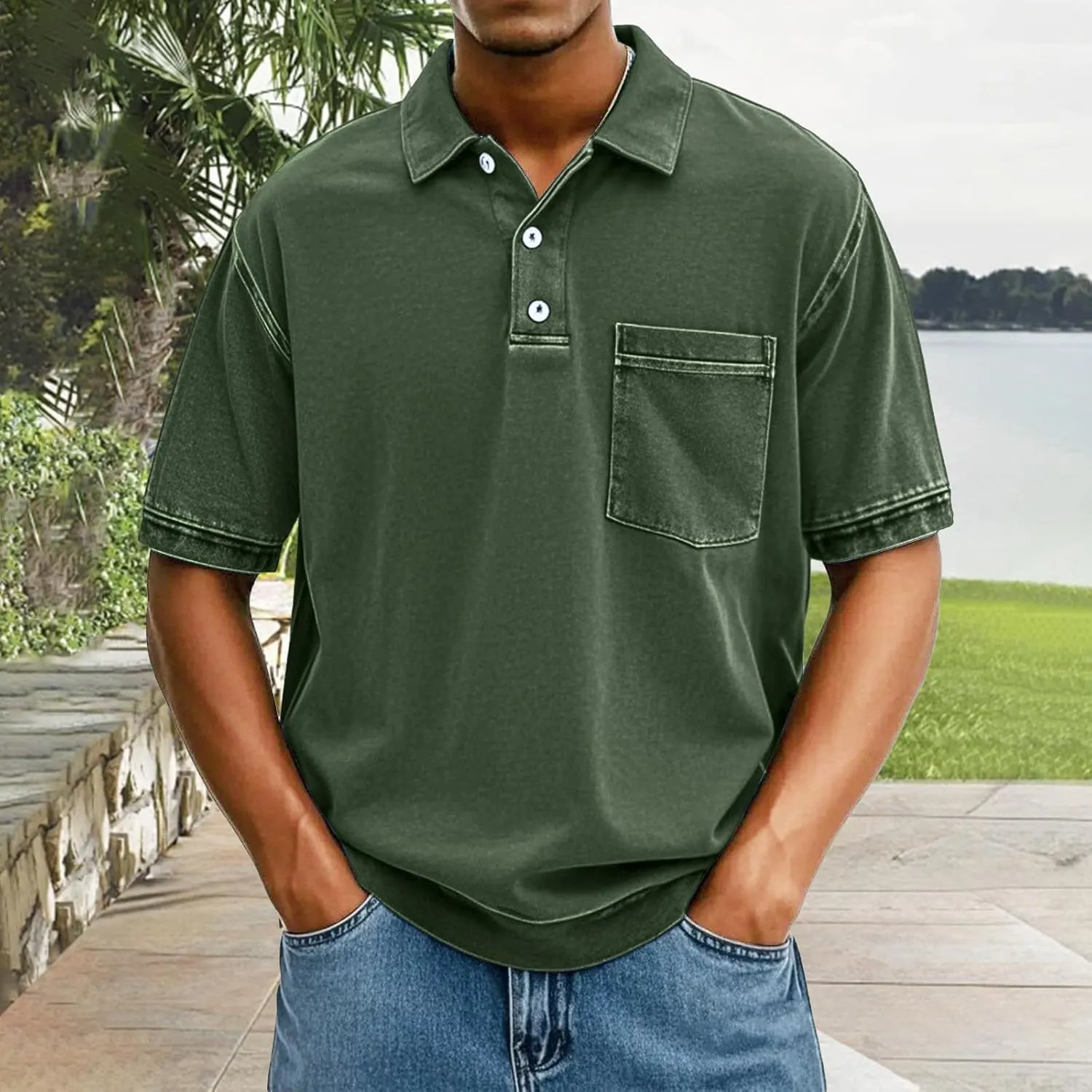 Mens Vintage Polo Shirts 3D Printing Pullover Shirts Classic Fit Lapel Button Tops Summer Casual Retro Distressed Top