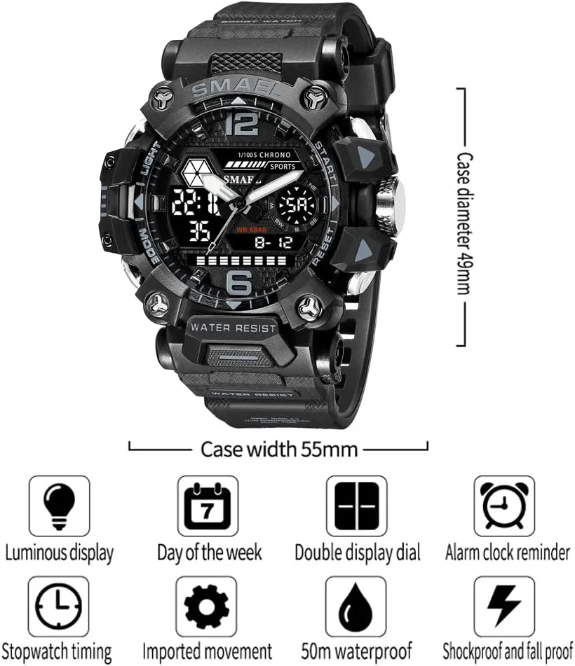 Men's Watches Outdoor Sport Military Watch Waterproof Analog-Digital Multi Function Electronic LED Alarm Stopwatch Quartz Wristwatches