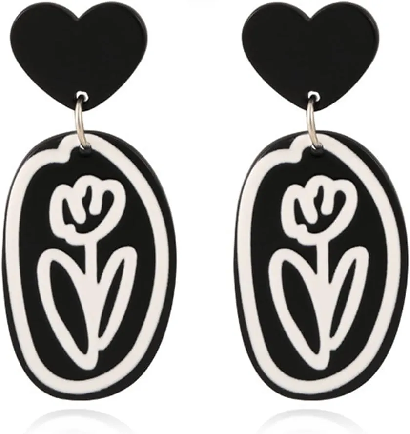 MIGUO STORE Unique Acrylic Geometric Black White Contrast Flower Love Stud Earrings Punk Exaggerated Personality flower Drop Dangle Earrings For Women
