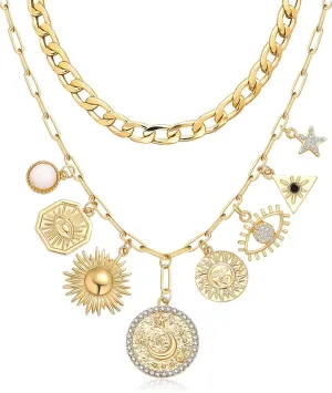 MJartoria Gold Layered Charm Necklaces for Women Trendy Retro Coin and Evil Eye Pendant Chunky Paperclip Chain Necklaces for Jewelry Birthday Gifts