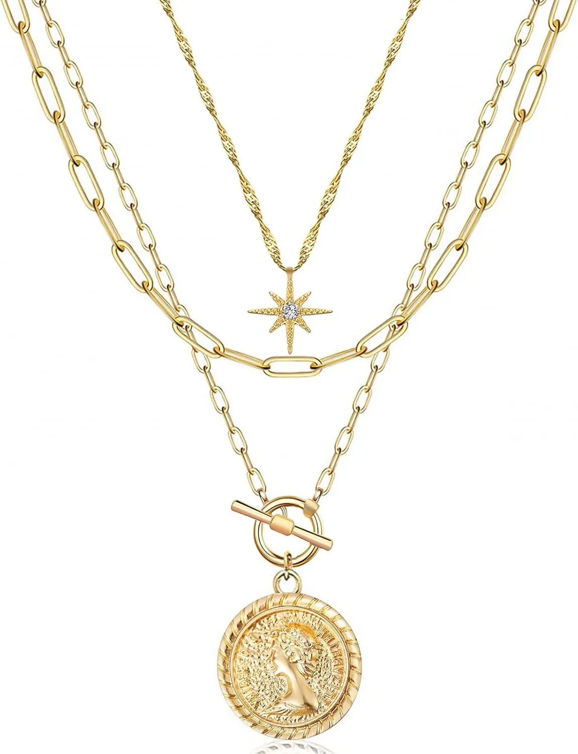 MJartoria Gold Layered Necklaces for Women Trendy, 14K Gold Plated Simple Star Choker Retro Coin Pendant, Paperclip Chain, Gold Necklaces Jewelry Gifts