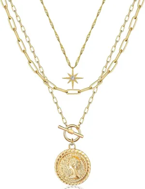 MJartoria Gold Layered Necklaces for Women Trendy, 14K Gold Plated Simple Star Choker Retro Coin Pendant, Paperclip Chain, Gold Necklaces Jewelry Gifts