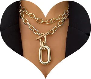 MJartoria Gold Layered Necklaces for Women Trendy Retro OT Buckle Pendant Necklace Chunky Link Paper Clip Chain Pendant Necklaces for Jewelry Birthday Gifts