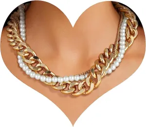 MJartoria Gold Layered Necklaces for Women Trendy Retro Pearl Necklace Silver Necklace Dainty Chunky Link Chain Choker Necklaces for Jewelry Birthday Gifts