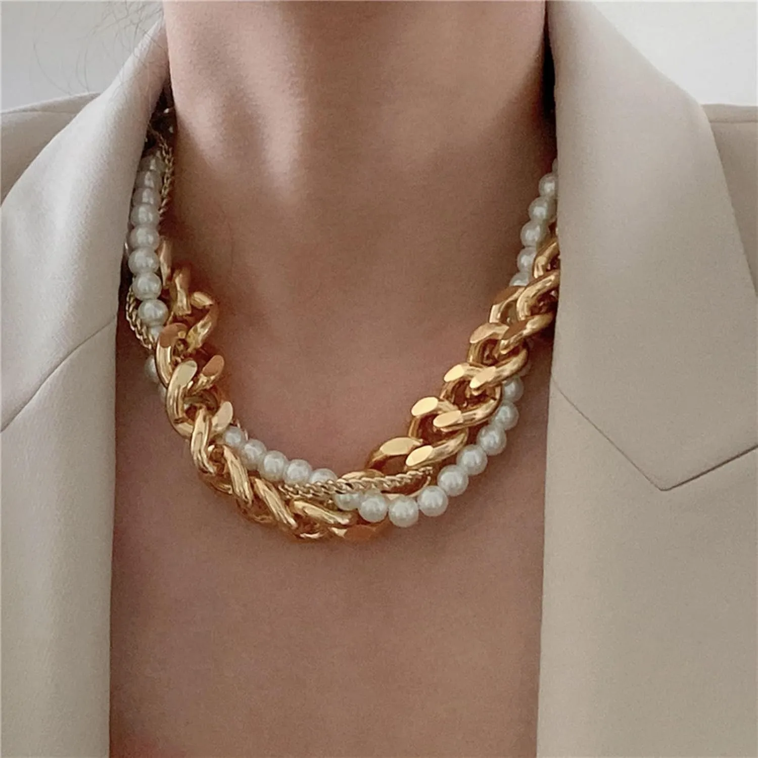 MJartoria Gold Layered Necklaces for Women Trendy Retro Pearl Necklace Silver Necklace Dainty Chunky Link Chain Choker Necklaces for Jewelry Birthday Gifts