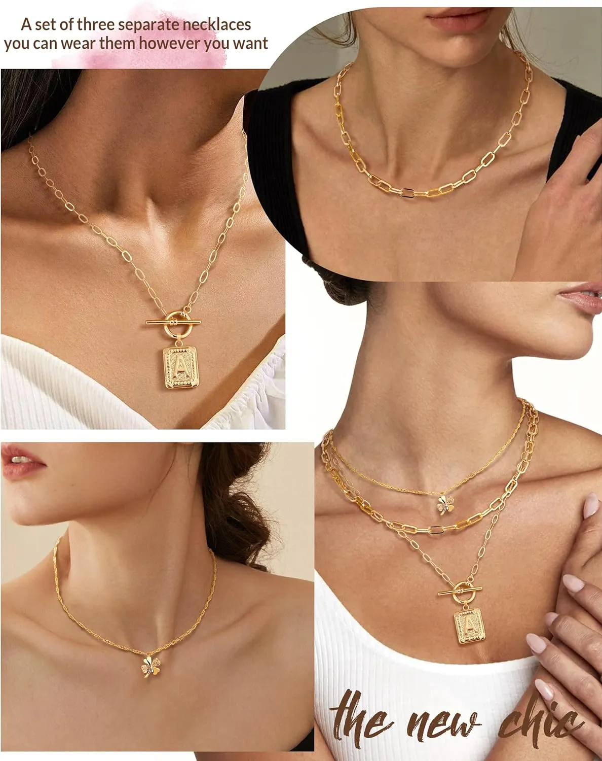 MJartoria Layered Initial Necklaces for Women Trendy, 14K Gold Plated Simple Clover Choker Square Letter Pendant Necklace, Paperclip Chain Necklace, Gold Necklaces Jewelry