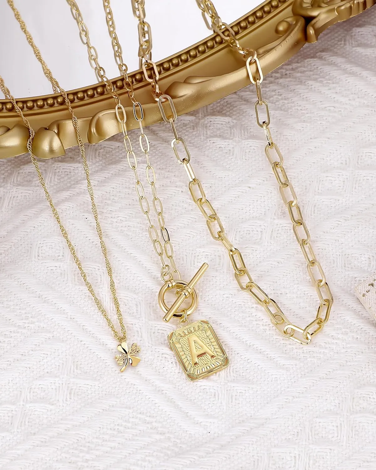 MJartoria Layered Initial Necklaces for Women Trendy, 14K Gold Plated Simple Clover Choker Square Letter Pendant Necklace, Paperclip Chain Necklace, Gold Necklaces Jewelry