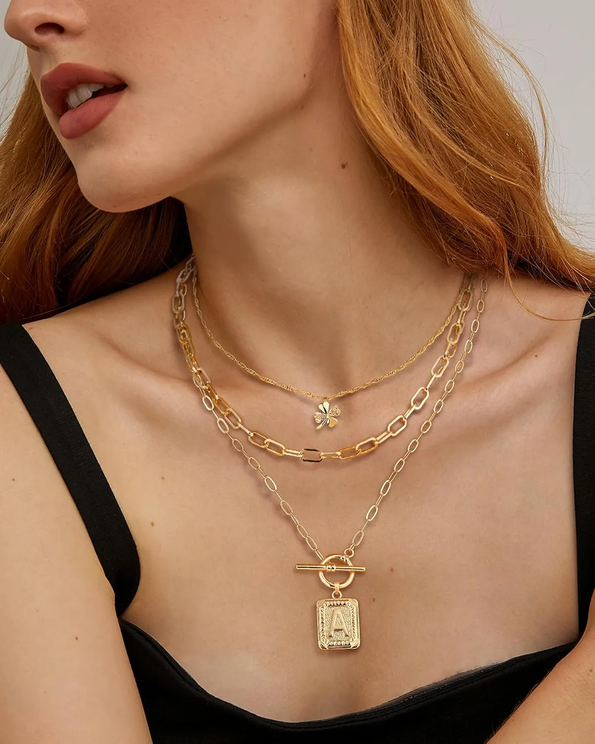 MJartoria Layered Initial Necklaces for Women Trendy, 14K Gold Plated Simple Clover Choker Square Letter Pendant Necklace, Paperclip Chain Necklace, Gold Necklaces Jewelry