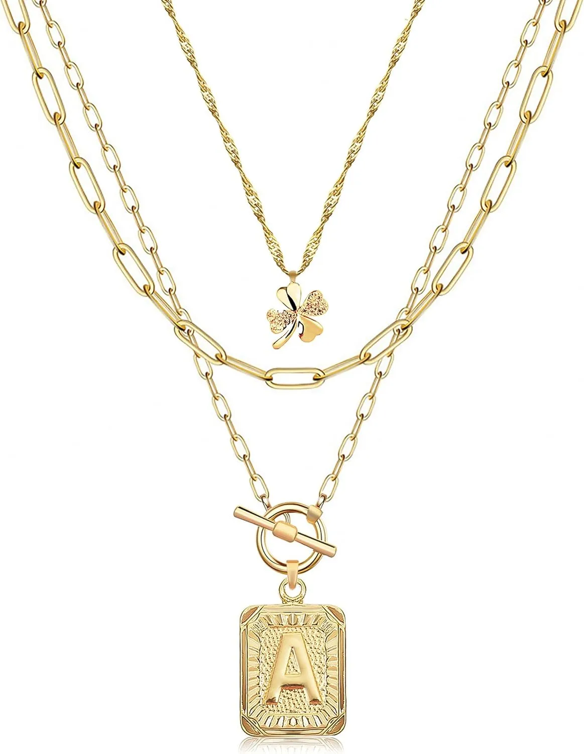 MJartoria Layered Initial Necklaces for Women Trendy, 14K Gold Plated Simple Clover Choker Square Letter Pendant Necklace, Paperclip Chain Necklace, Gold Necklaces Jewelry