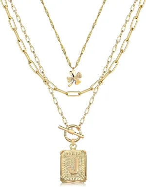 MJartoria Layered Initial Necklaces for Women Trendy, 14K Gold Plated Simple Clover Choker Square Letter Pendant Necklace, Paperclip Chain Necklace, Gold Necklaces Jewelry