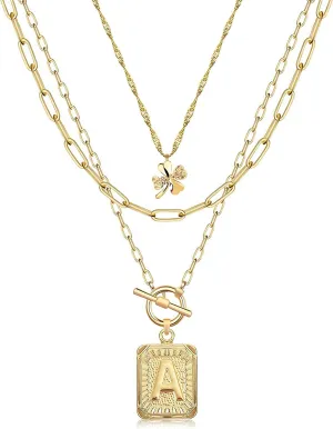 MJartoria Layered Initial Necklaces for Women Trendy, 14K Gold Plated Simple Clover Choker Square Letter Pendant Necklace, Paperclip Chain Necklace, Gold Necklaces Jewelry