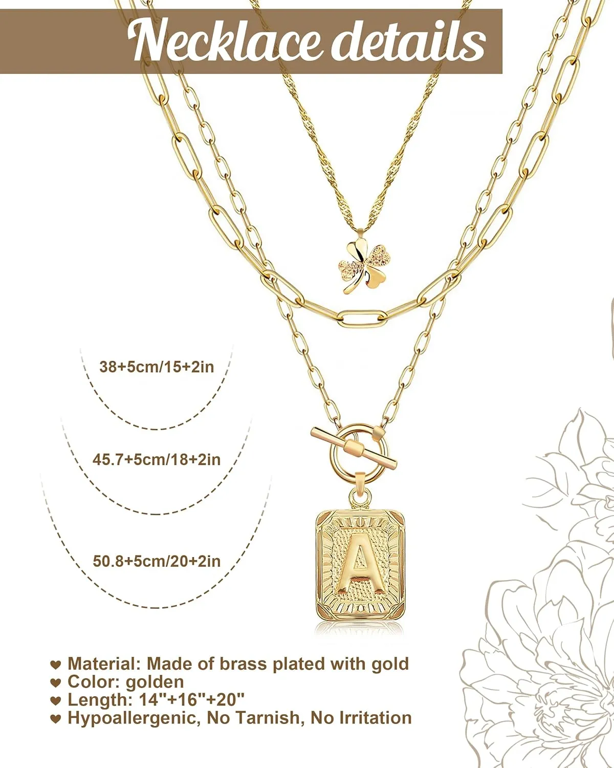 MJartoria Layered Initial Necklaces for Women Trendy, 14K Gold Plated Simple Clover Choker Square Letter Pendant Necklace, Paperclip Chain Necklace, Gold Necklaces Jewelry