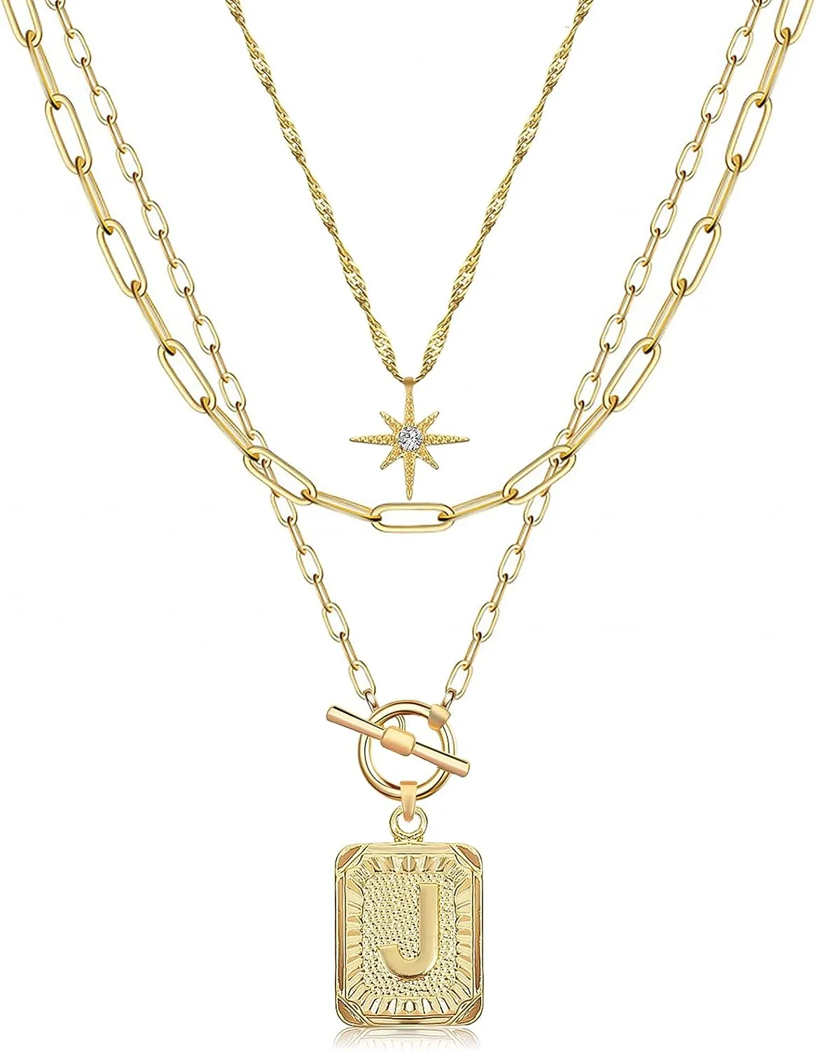 MJartoria Layered Initial Necklaces for Women Trendy, 14K Gold Plated Simple Star Choker Square Letter Pendant Necklace, Paperclip Chain Necklace, Gold Necklaces Jewelry Gifts