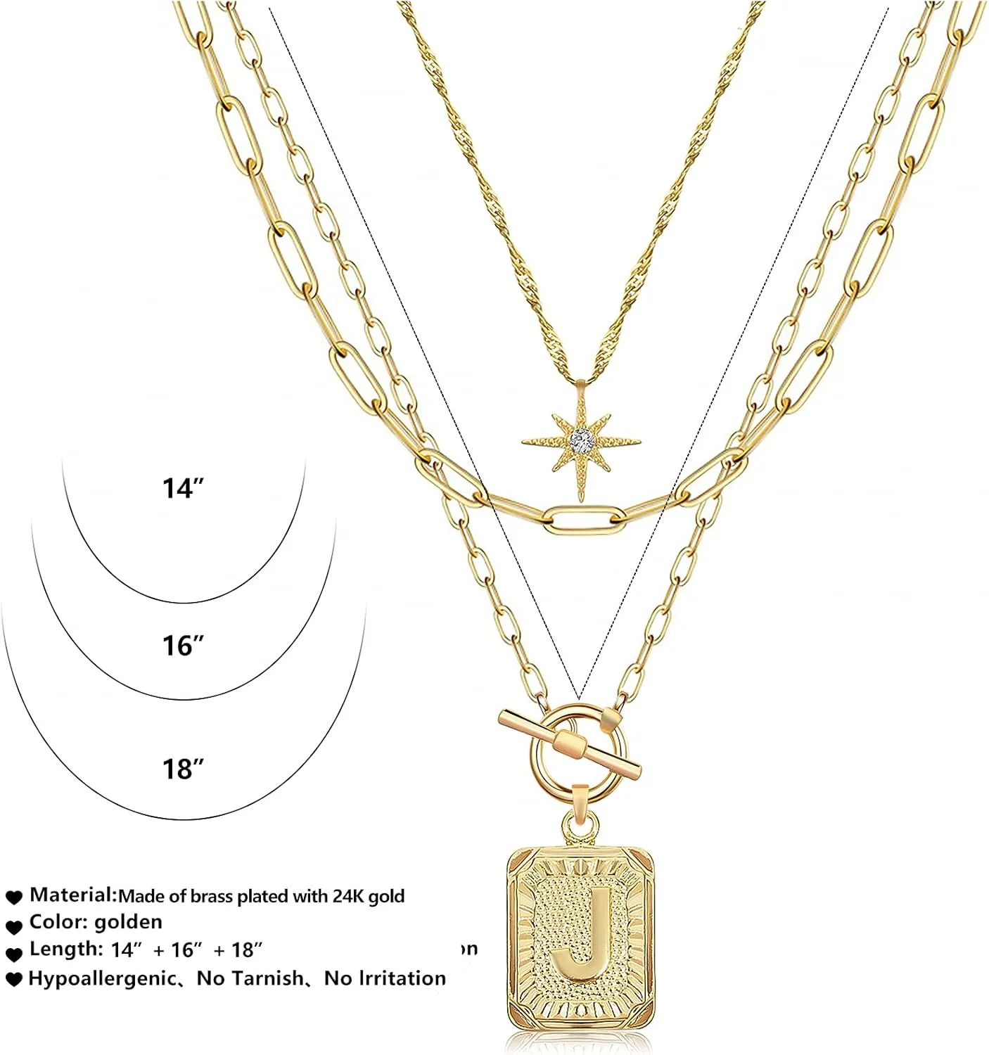 MJartoria Layered Initial Necklaces for Women Trendy, 14K Gold Plated Simple Star Choker Square Letter Pendant Necklace, Paperclip Chain Necklace, Gold Necklaces Jewelry Gifts