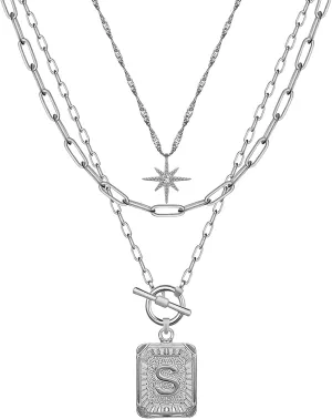 MJartoria Layered Initial Necklaces for Women Trendy, 14K Gold Plated Simple Star Choker Square Letter Pendant Necklace, Paperclip Chain Necklace, Gold Necklaces Jewelry Gifts