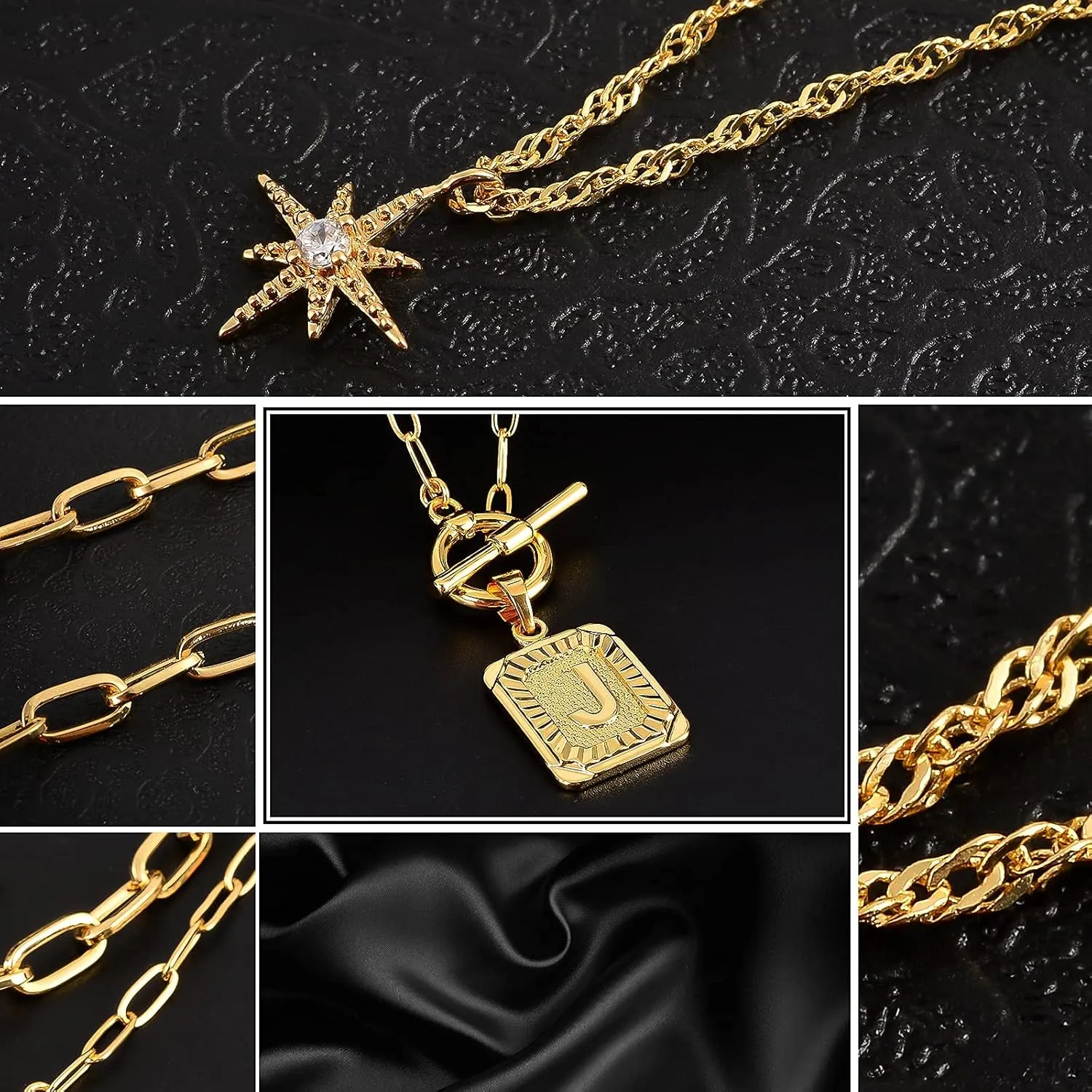 MJartoria Layered Initial Necklaces for Women Trendy, 14K Gold Plated Simple Star Choker Square Letter Pendant Necklace, Paperclip Chain Necklace, Gold Necklaces Jewelry Gifts