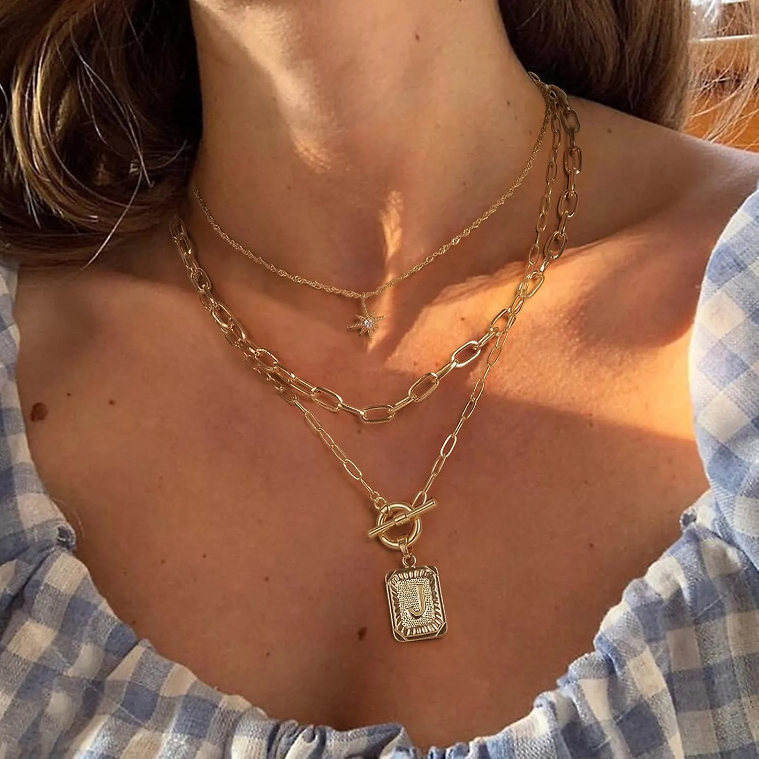 MJartoria Layered Initial Necklaces for Women Trendy, 14K Gold Plated Simple Star Choker Square Letter Pendant Necklace, Paperclip Chain Necklace, Gold Necklaces Jewelry Gifts