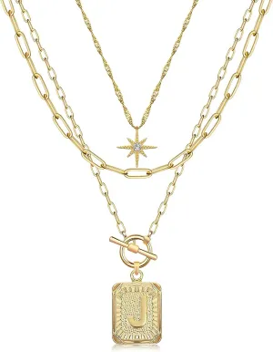 MJartoria Layered Initial Necklaces for Women Trendy, 14K Gold Plated Simple Star Choker Square Letter Pendant Necklace, Paperclip Chain Necklace, Gold Necklaces Jewelry Gifts