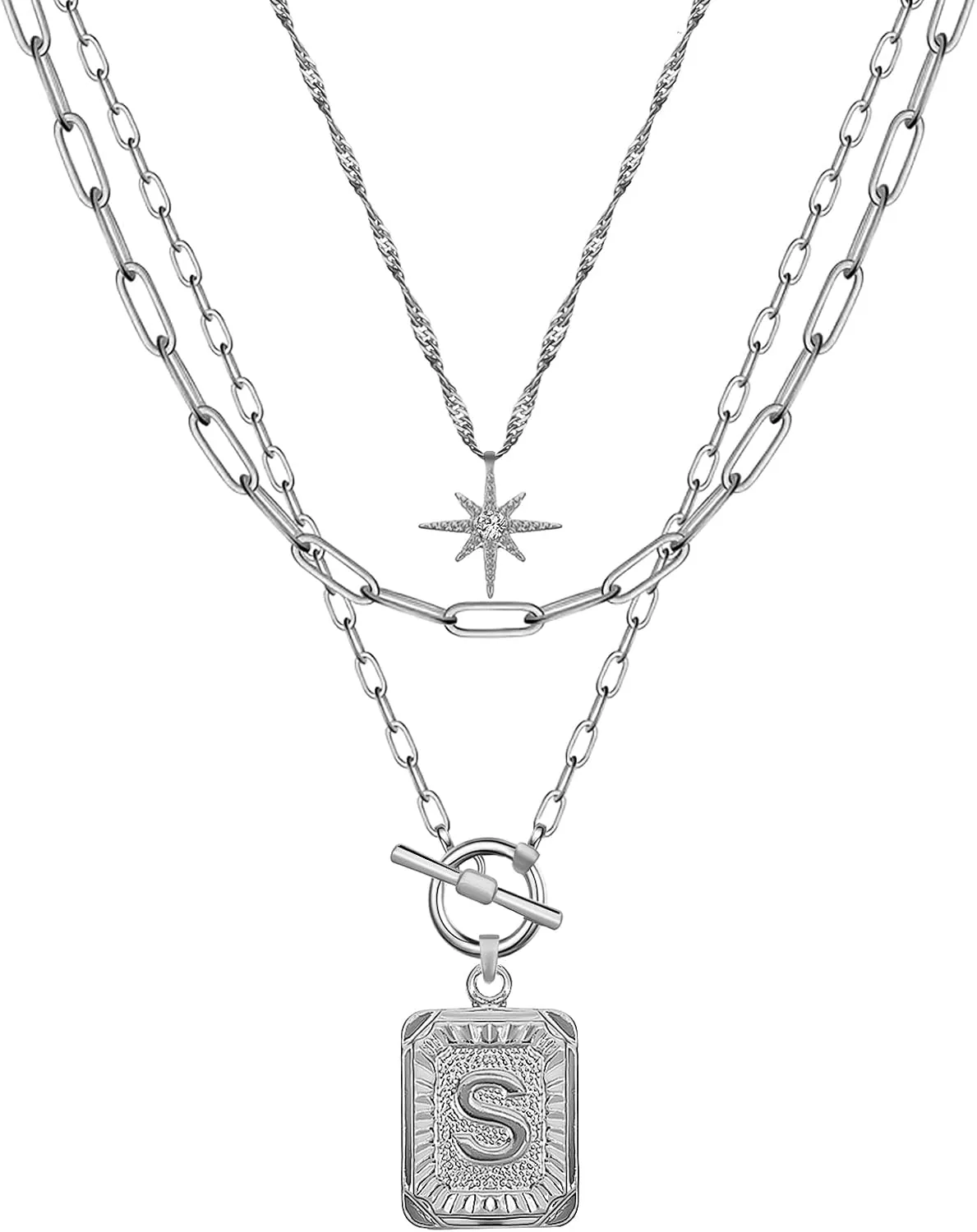 MJartoria Layered Initial Necklaces for Women Trendy, 14K Gold Plated Simple Star Choker Square Letter Pendant Necklace, Paperclip Chain Necklace, Gold Necklaces Jewelry Gifts
