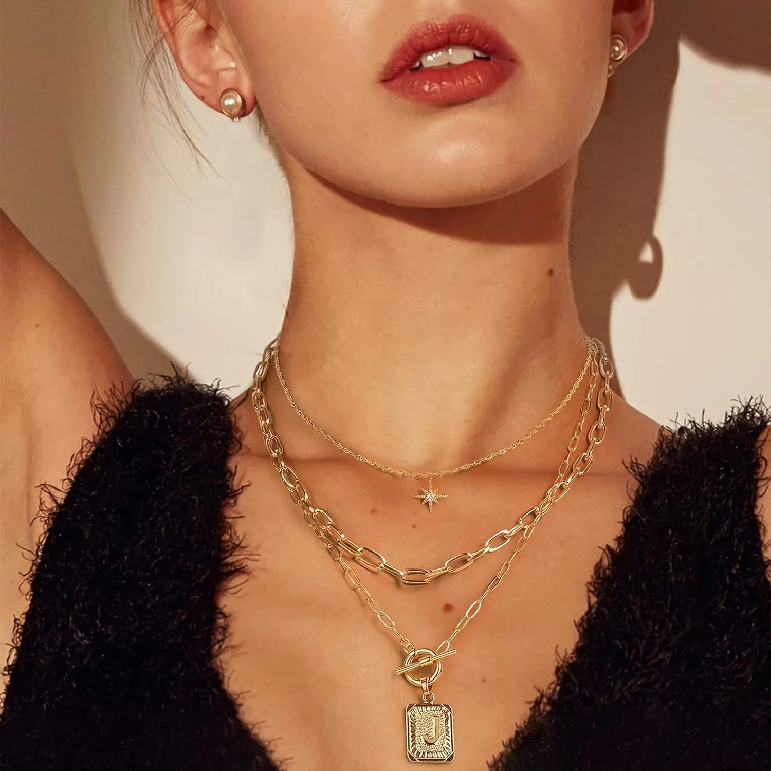 MJartoria Layered Initial Necklaces for Women Trendy, 14K Gold Plated Simple Star Choker Square Letter Pendant Necklace, Paperclip Chain Necklace, Gold Necklaces Jewelry Gifts
