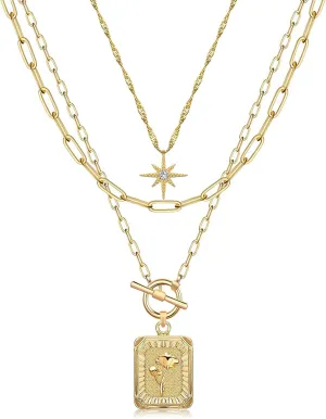 MJartoria Layered Necklaces for Women Trendy, 14K Gold Plated Simple Star Choker Square Flower Pendant Necklace, Paperclip Chain Necklace, Gold Necklaces Jewelry Gifts