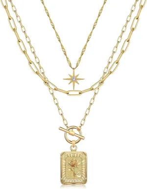 MJartoria Layered Necklaces for Women Trendy, 14K Gold Plated Simple Star Choker Square Flower Pendant Necklace, Paperclip Chain Necklace, Gold Necklaces Jewelry Gifts