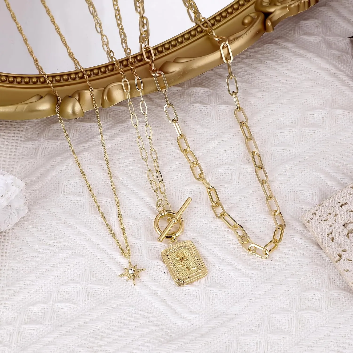 MJartoria Layered Necklaces for Women Trendy, 14K Gold Plated Simple Star Choker Square Flower Pendant Necklace, Paperclip Chain Necklace, Gold Necklaces Jewelry Gifts