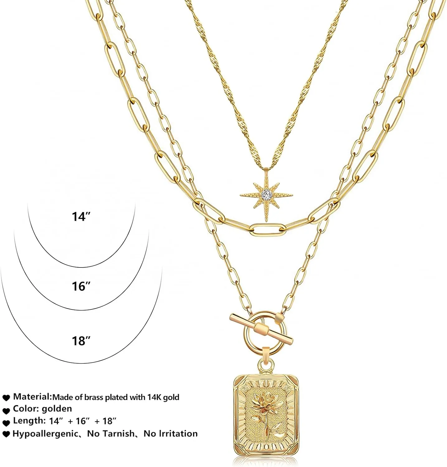 MJartoria Layered Necklaces for Women Trendy, 14K Gold Plated Simple Star Choker Square Flower Pendant Necklace, Paperclip Chain Necklace, Gold Necklaces Jewelry Gifts