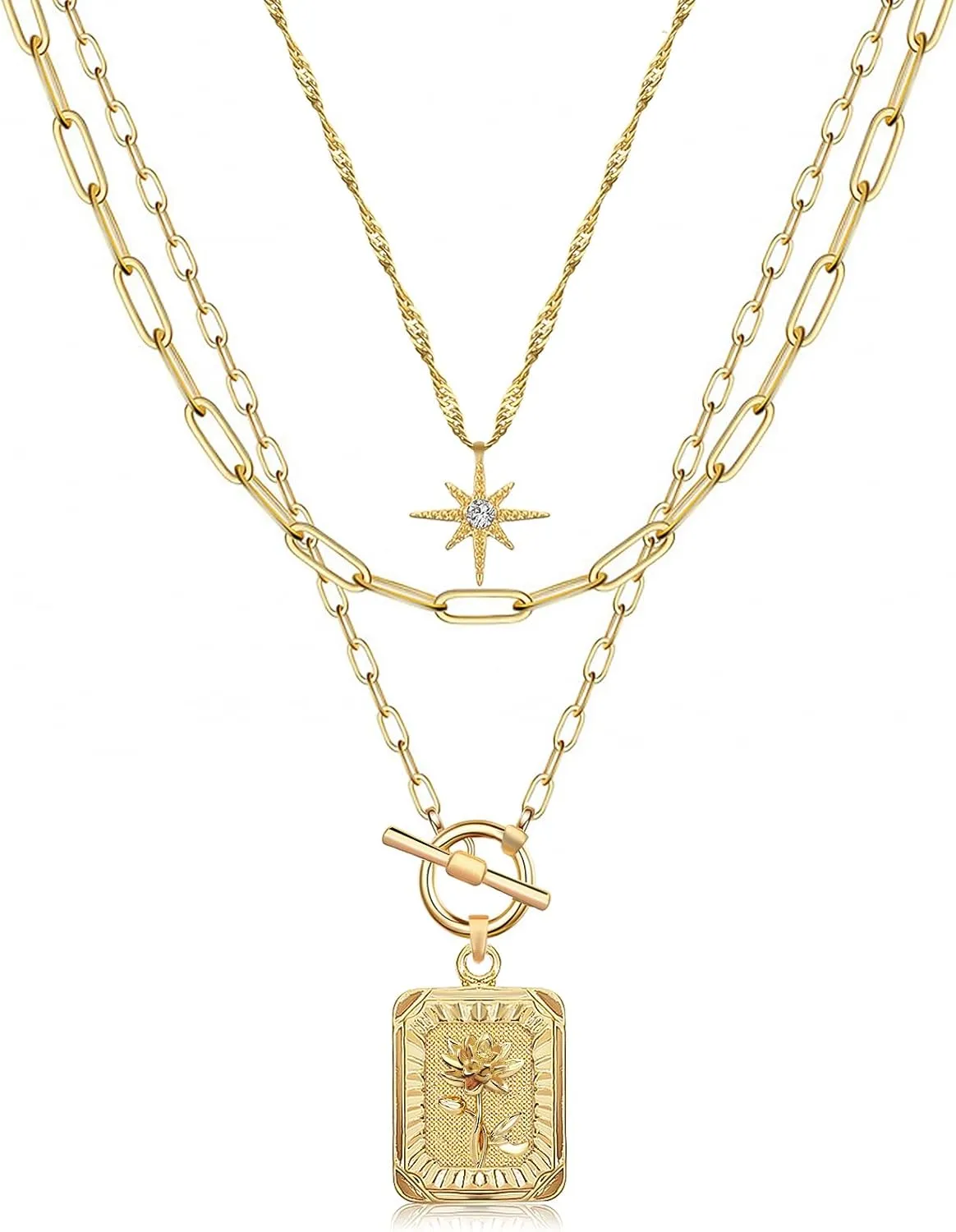 MJartoria Layered Necklaces for Women Trendy, 14K Gold Plated Simple Star Choker Square Flower Pendant Necklace, Paperclip Chain Necklace, Gold Necklaces Jewelry Gifts