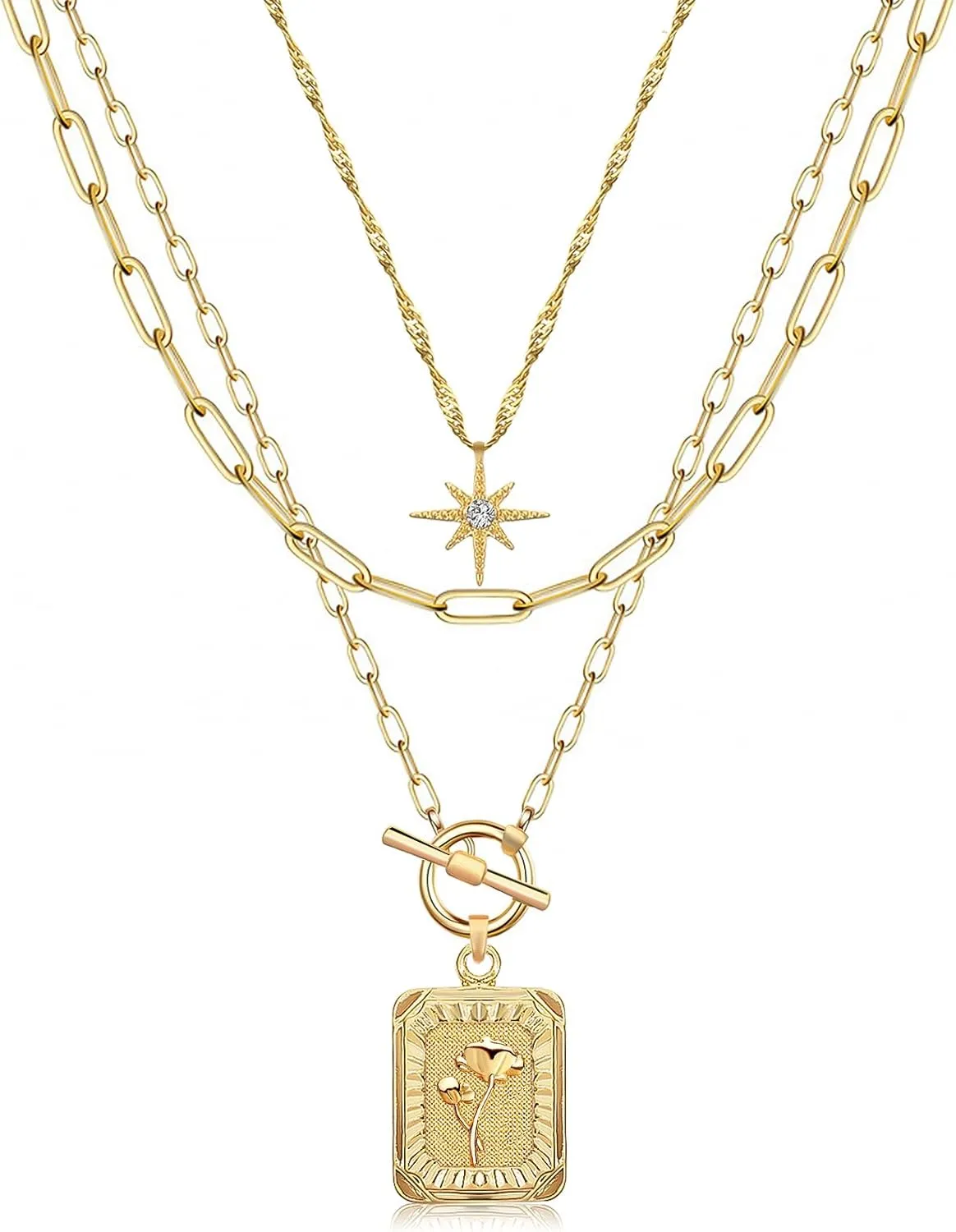 MJartoria Layered Necklaces for Women Trendy, 14K Gold Plated Simple Star Choker Square Flower Pendant Necklace, Paperclip Chain Necklace, Gold Necklaces Jewelry Gifts