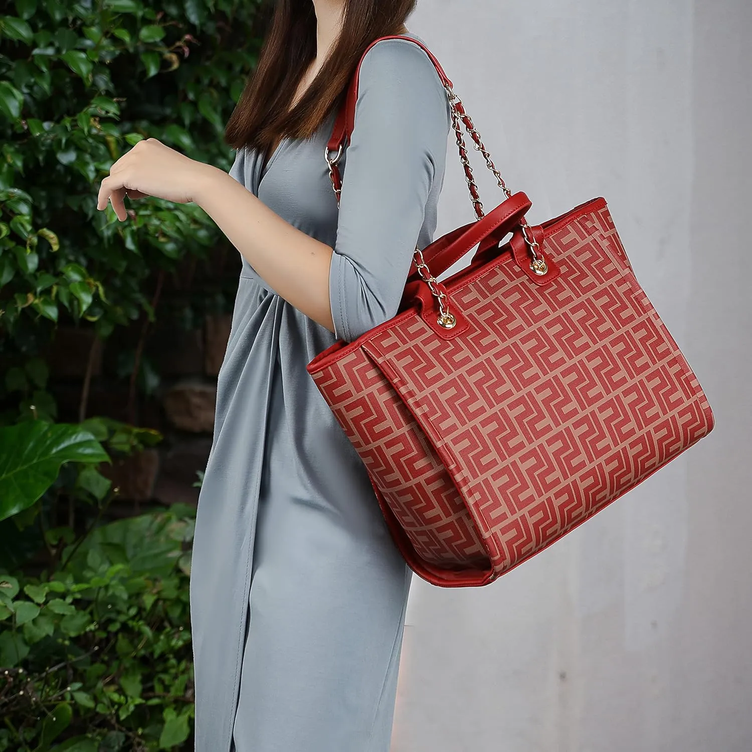 MKF Collection Tote Bag for Women, Vegan Leather Top-Handle Chain Shoulder Handbag Large Purse