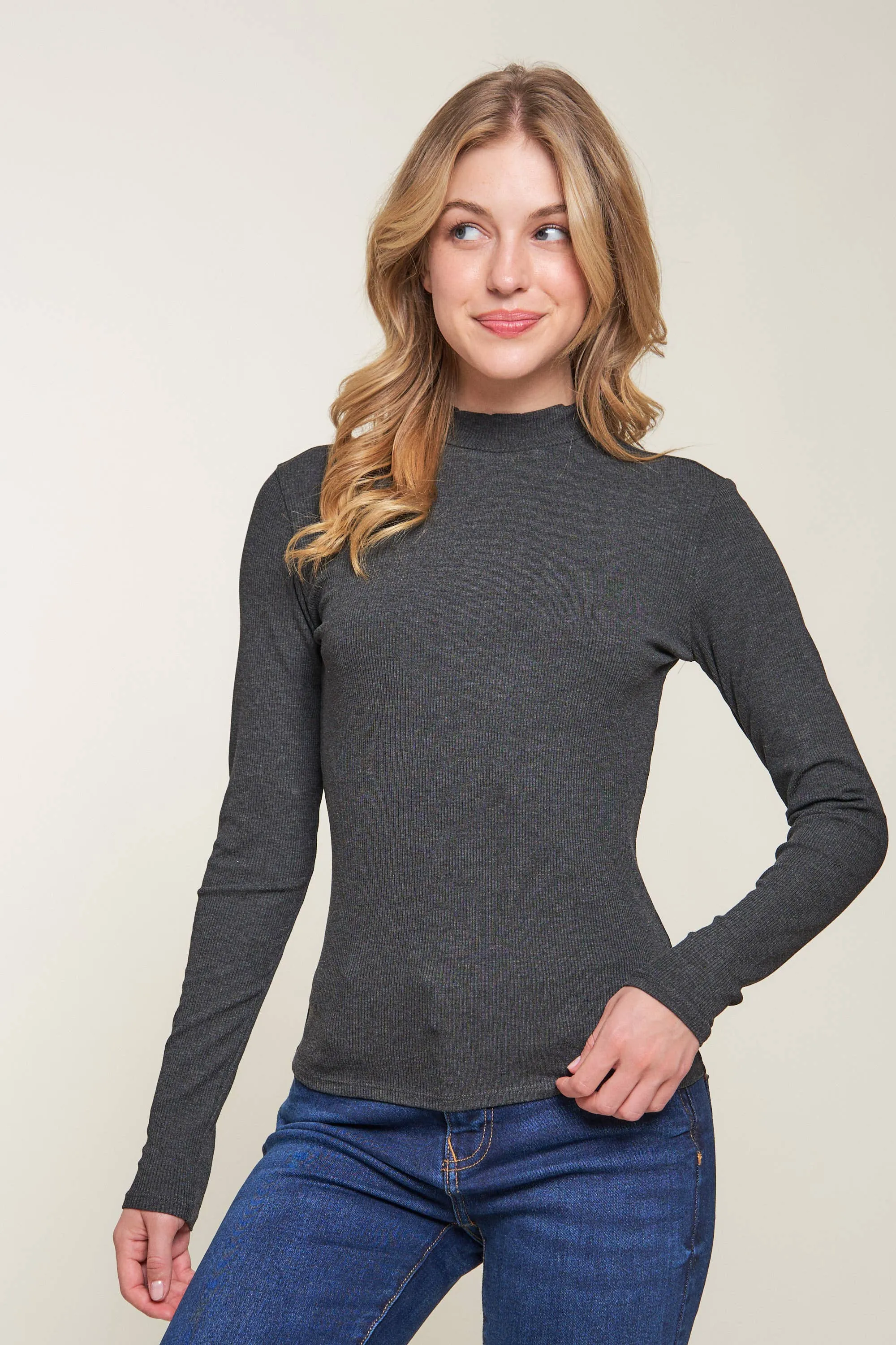 Mock Neck Rib Top: L / BEAVER FUR