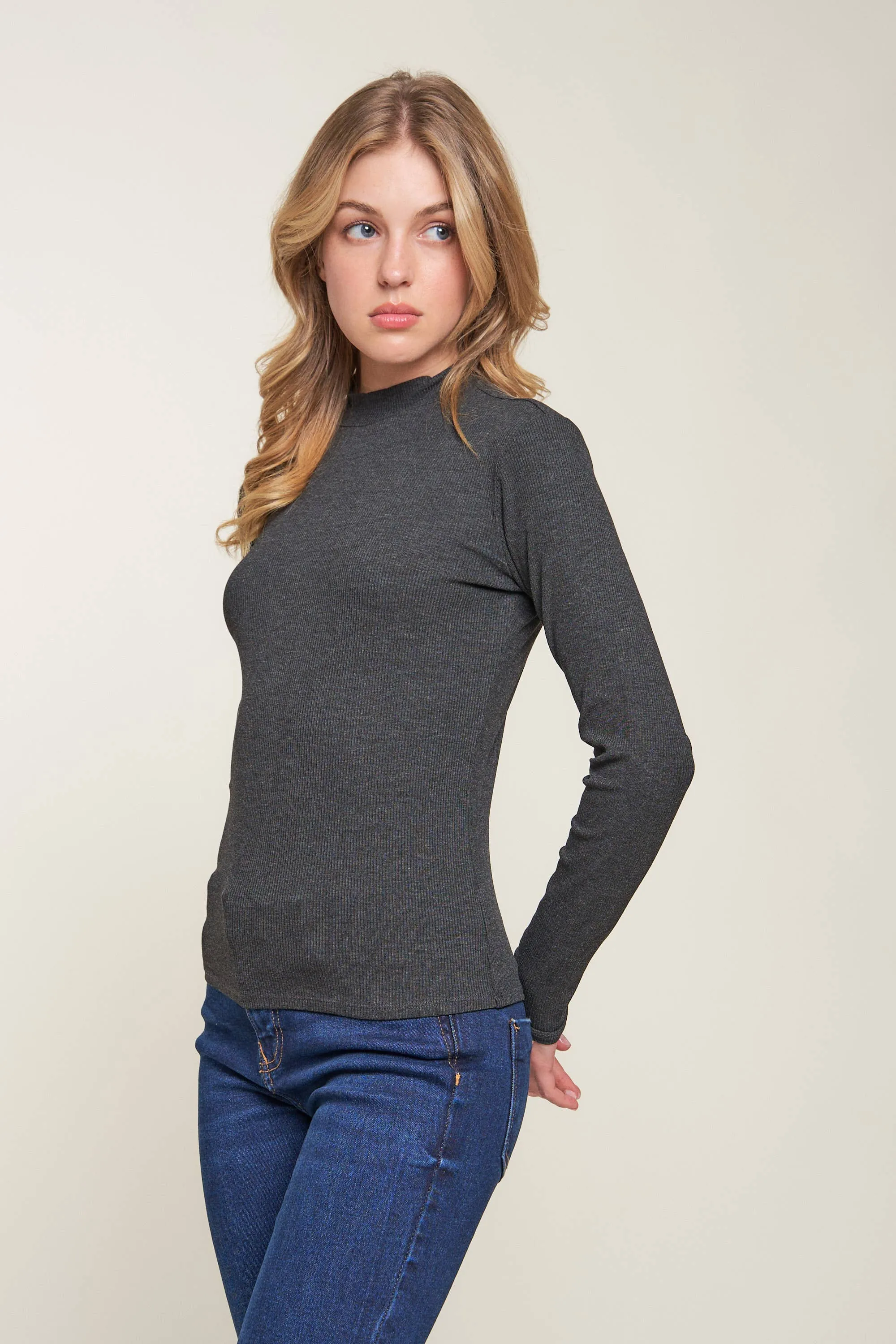 Mock Neck Rib Top: L / OLIVE