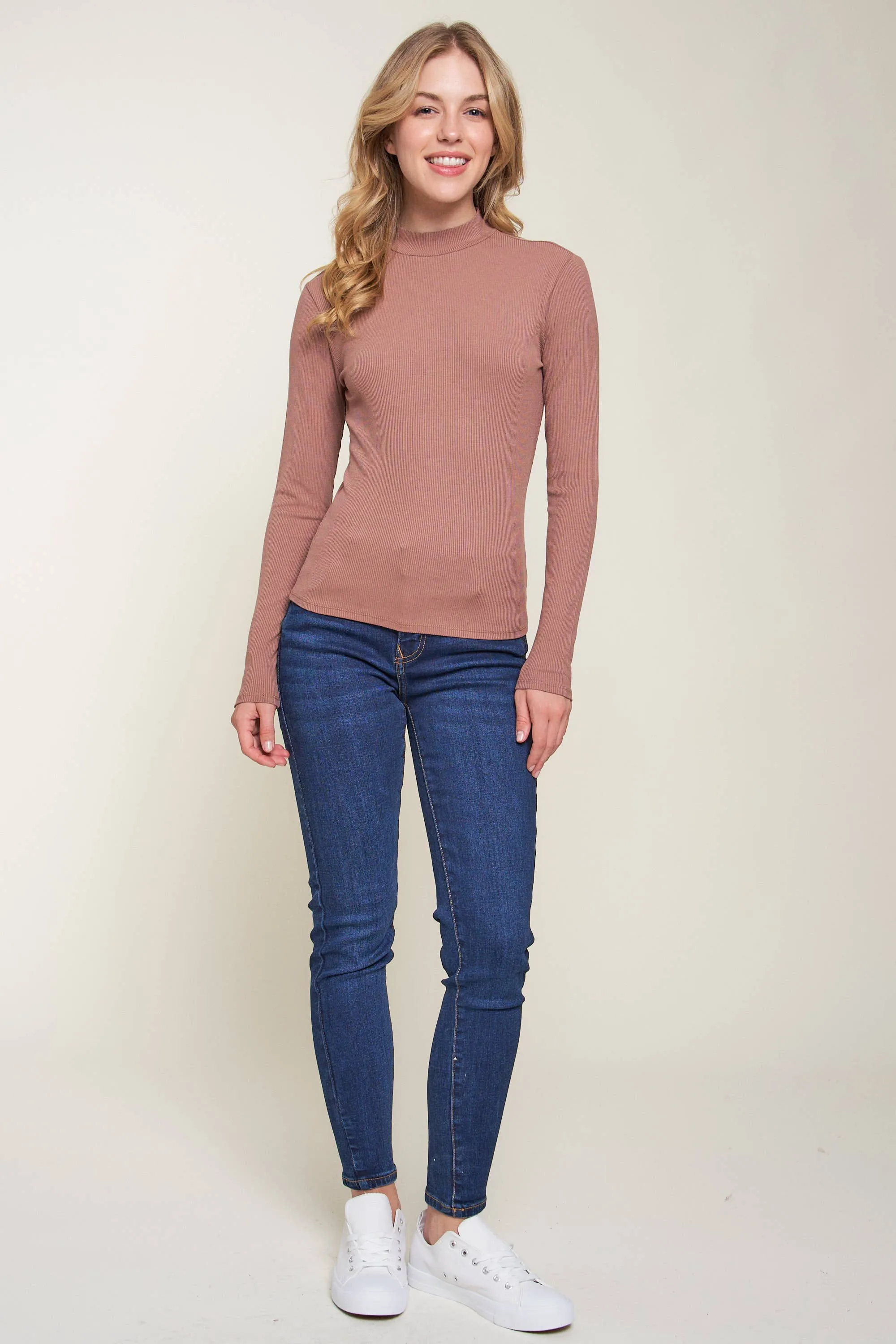 Mock Neck Rib Top: L / OLIVE