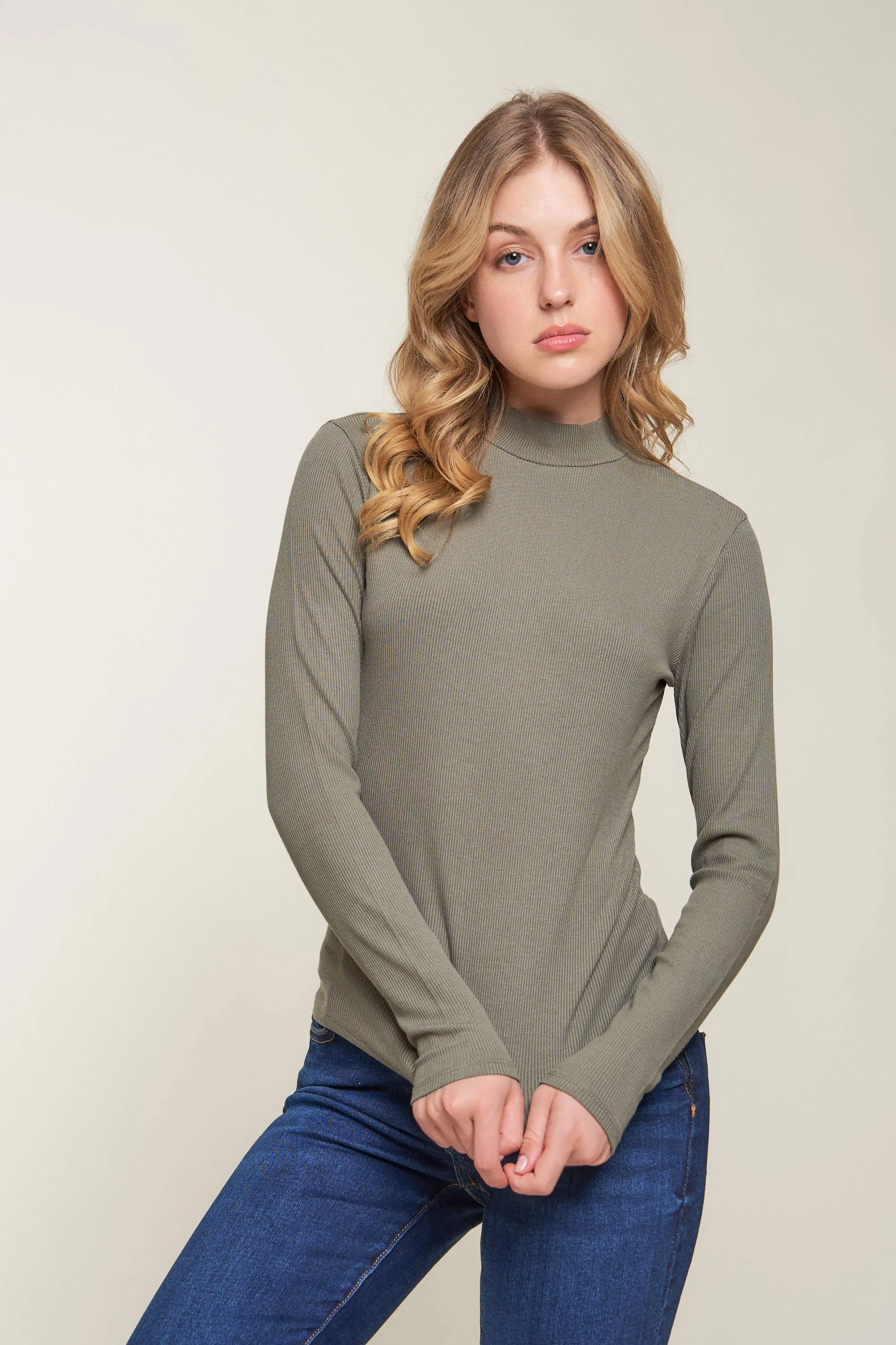 Mock Neck Rib Top: L / OLIVE