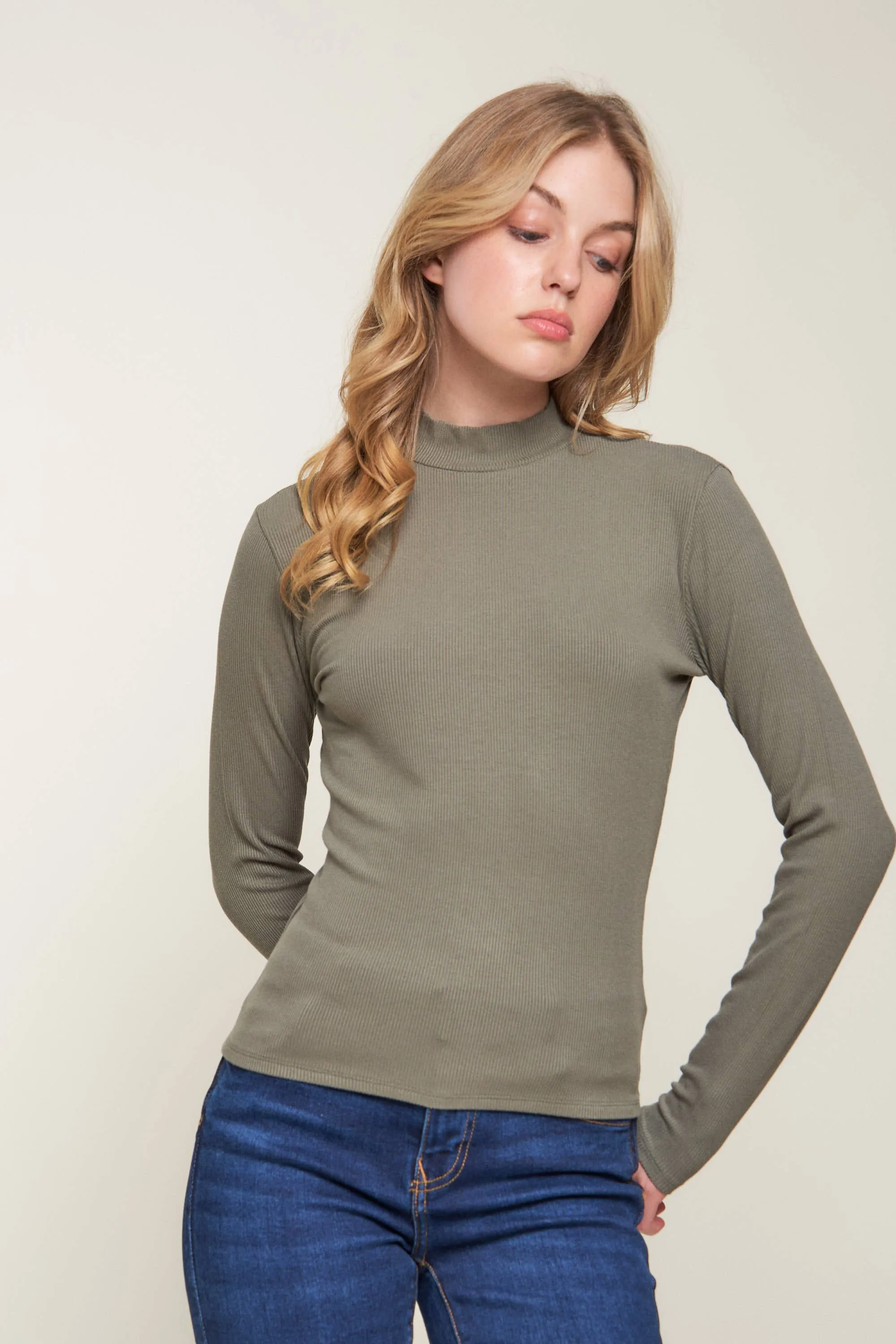 Mock Neck Rib Top: M / BEAVER FUR
