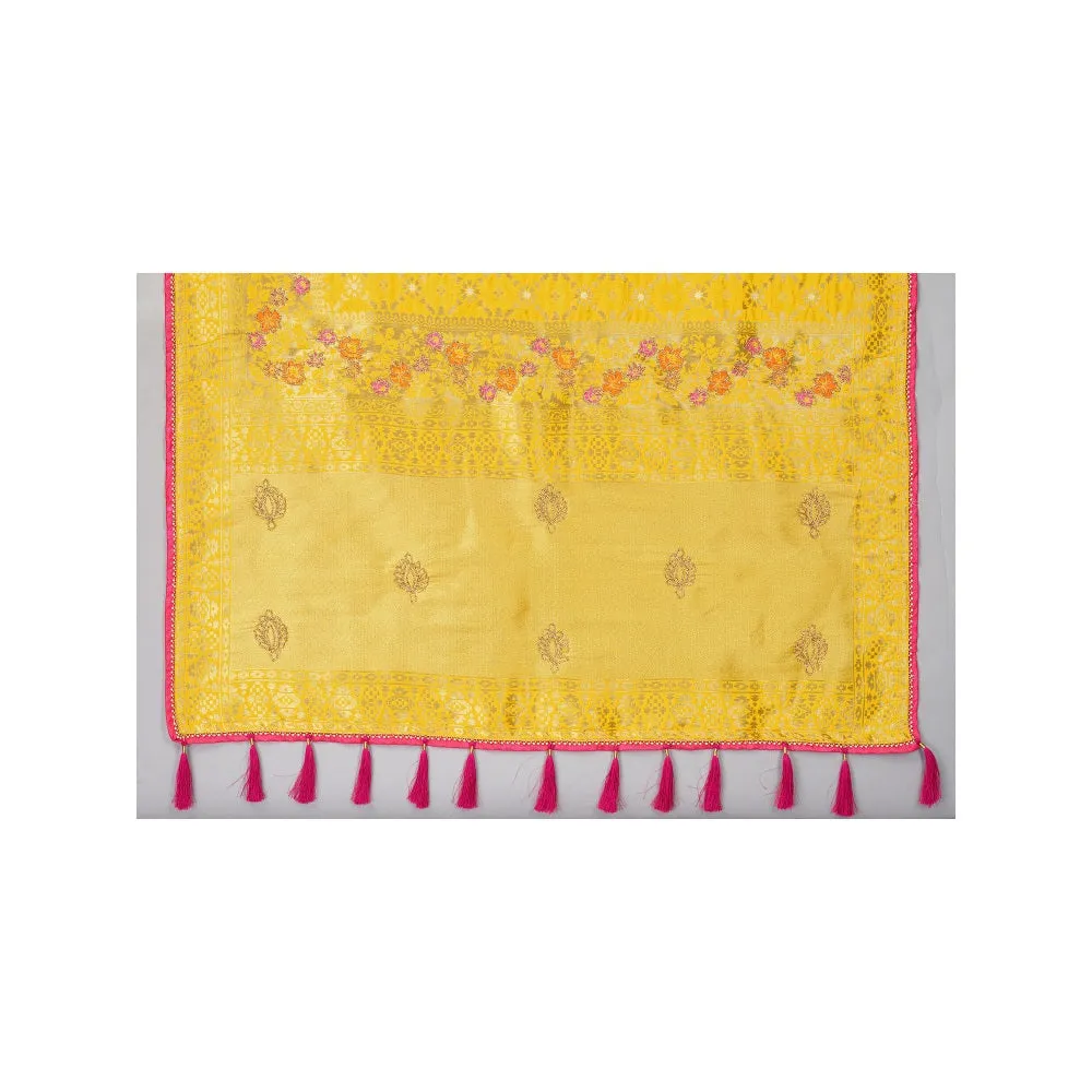 Monjolika Fashion Yellow Color Viscose Dola Silk Saree With Un-stitched Blouse