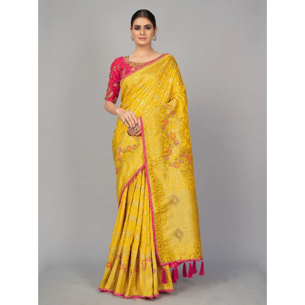 Monjolika Fashion Yellow Color Viscose Dola Silk Saree With Un-stitched Blouse
