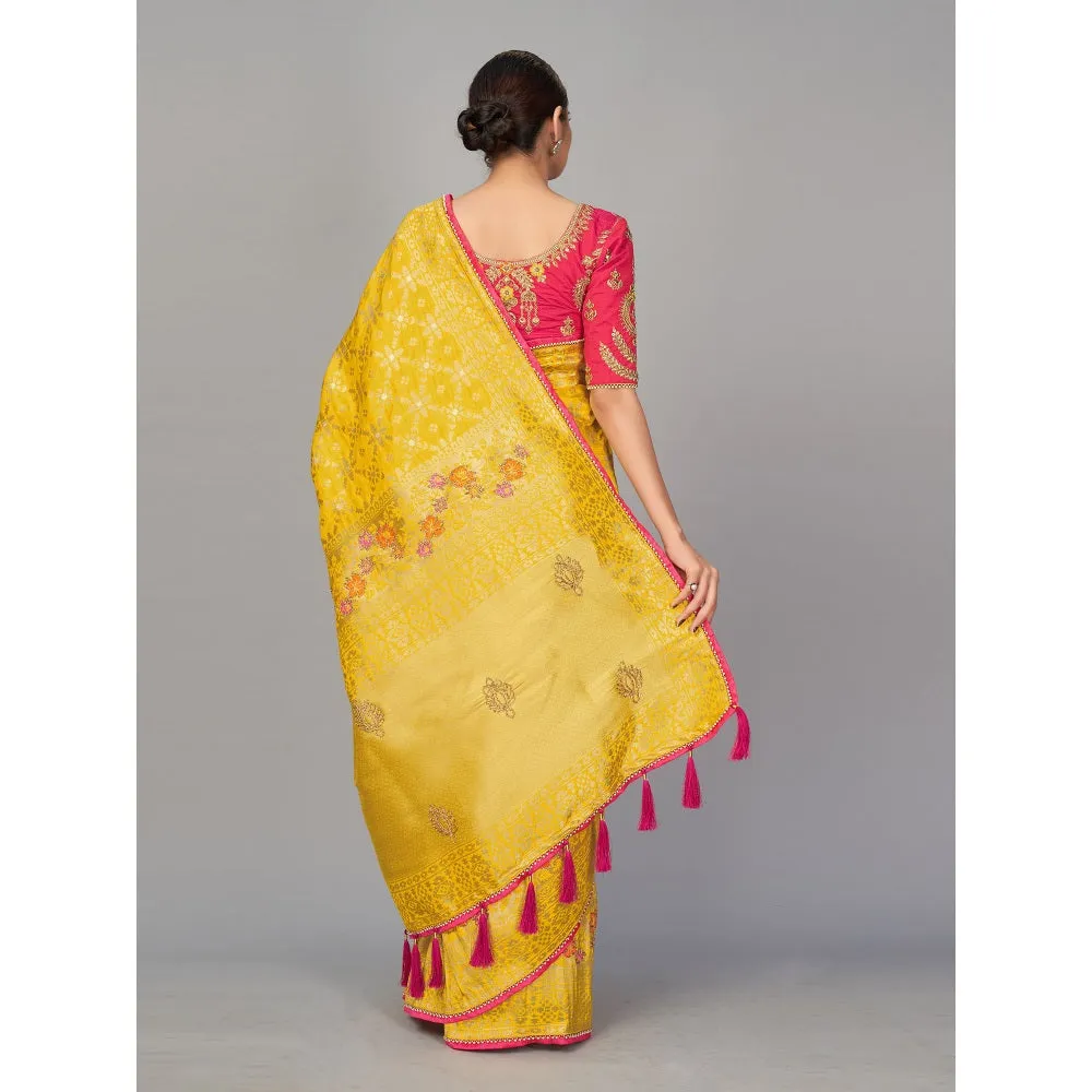 Monjolika Fashion Yellow Color Viscose Dola Silk Saree With Un-stitched Blouse