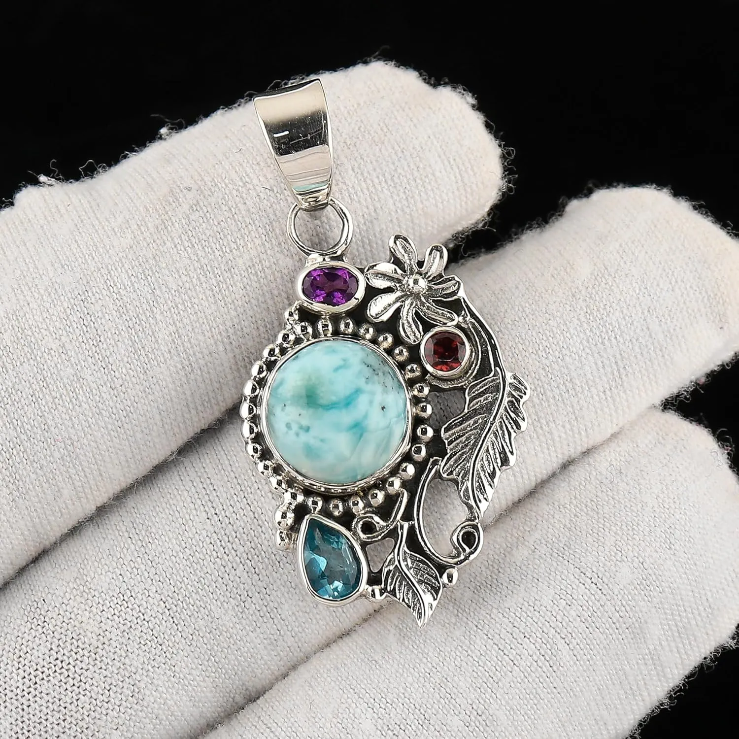 Natural Larimar Amethyst Topaz Gemstone Pendants - 925 Sterling Silver Oxidized Pendant - Minimalist - Bohemian - Pendant for Necklace - Handmade - Statement Jewelry - Women Gifts